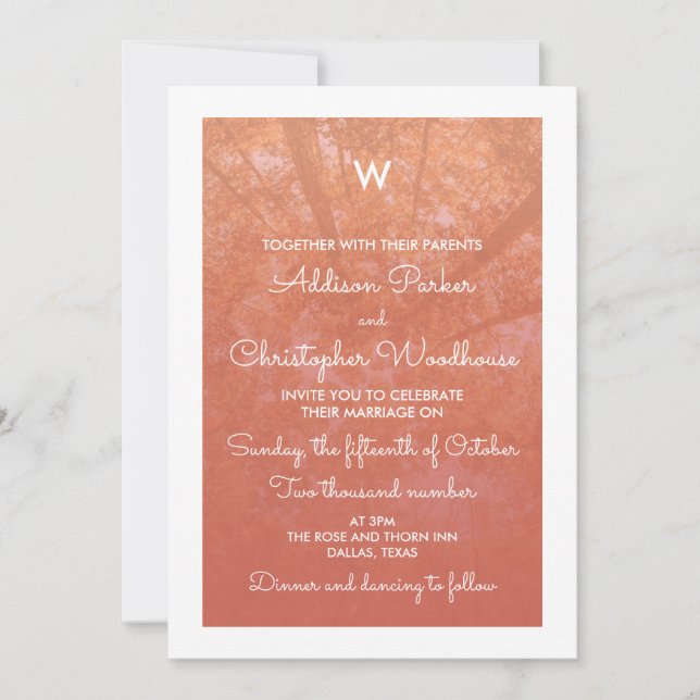 Invitation Arbres d'automne | Blanc et corail | Mariage monog (Devant)