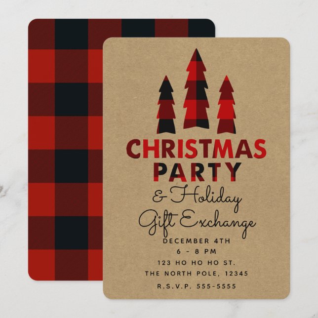 Invitation Arbres de fête de Noël Plaid Kraft Échange de vaca (Devant / Derrière)