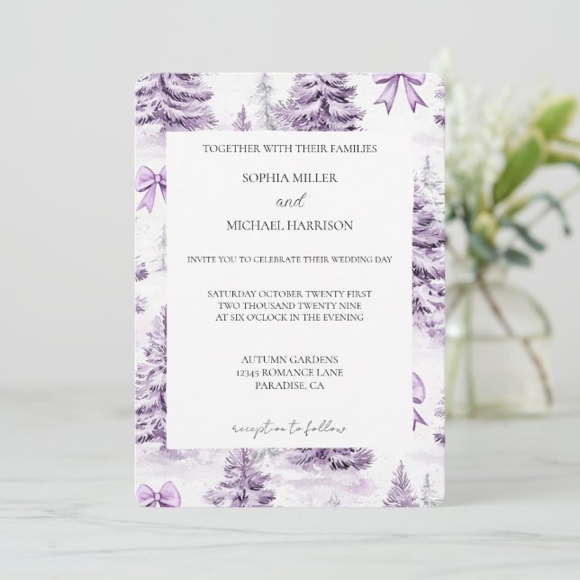 Invitation Arbres de Noël avec Rubans Violets pour Mariage (Debout devant)