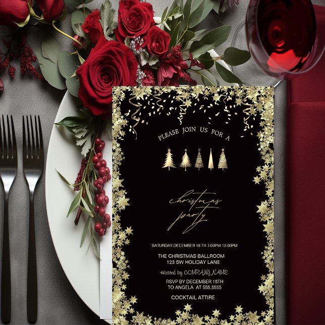Invitation Arbres de Noël dorés festifs, Étoiles Soirée de No (Créateur téléchargé)