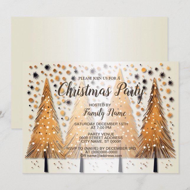 Invitation Arbres de Noël dorés Flammes de neige brillantes F (Devant / Derrière)