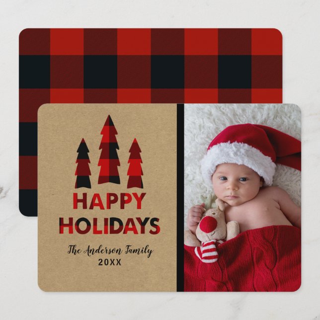 Invitation Arbres de Noël Joyeux Noël carreaux rouges Kraft (Devant / Derrière)