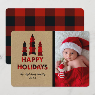 Invitation Arbres de Noël Kraft Joyeuses Fêtes Carreaux Rouge