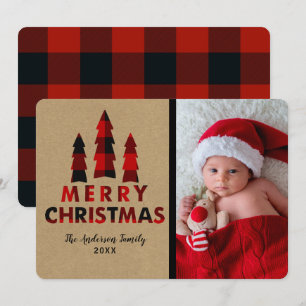 Invitation Arbres de Noël Kraft Rouge à Carreaux Joyeux Noël 
