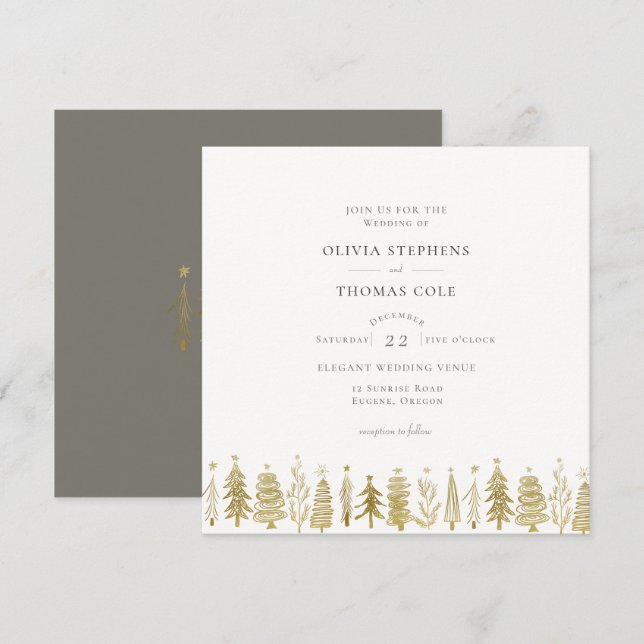 Invitation Arbres de Noël minimaux d'or modernes Mariage d'hi (Devant / Derrière)