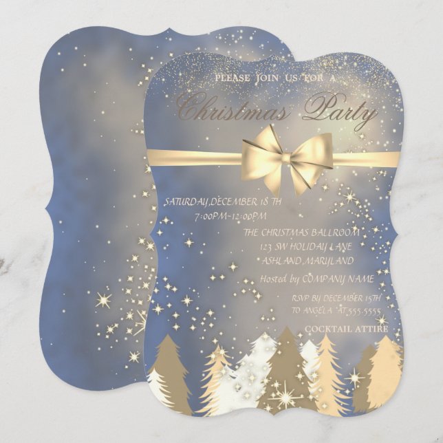 Invitation Arbres de Noël, Ruban doré  Soirée de Noël de l'en (Devant / Derrière)