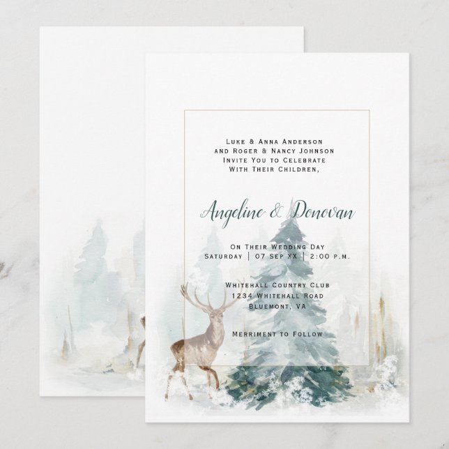 Invitation Arbres de pin d'hiver avec mariage de cerf (Devant / Derrière)