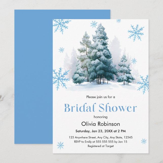 Invitation Arbres de pin d'hiver douche de mariée flocons de  (Devant / Derrière)
