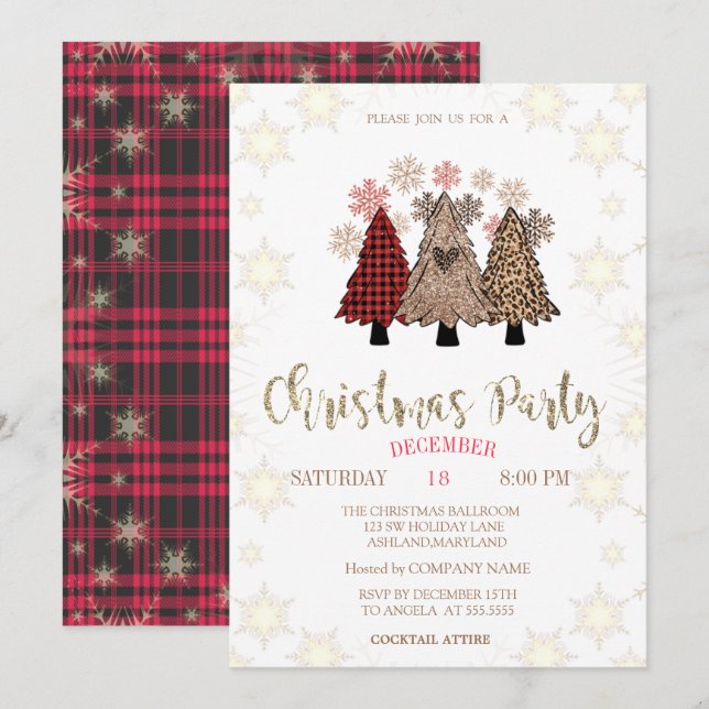 Invitation Arbres de pin Flocons de neige Buffalo Plaid Noël (Devant / Derrière)