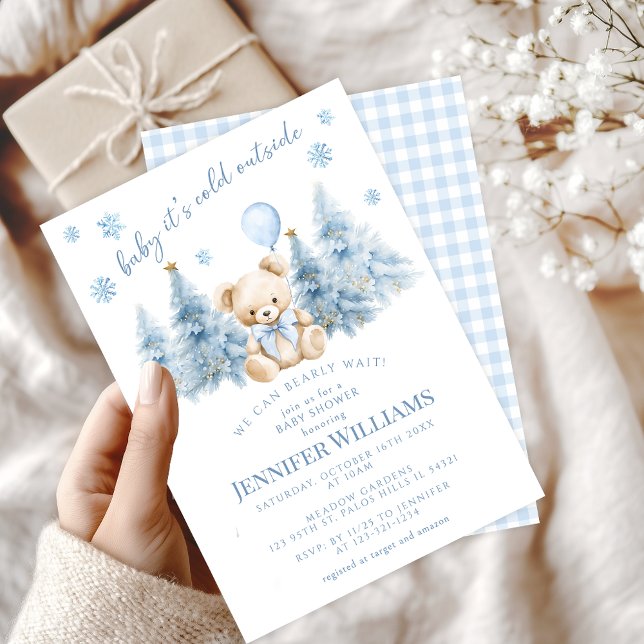 Invitation Arbres d'hiver bleu or Teddy ours bébé garçon douc (Créateur téléchargé)