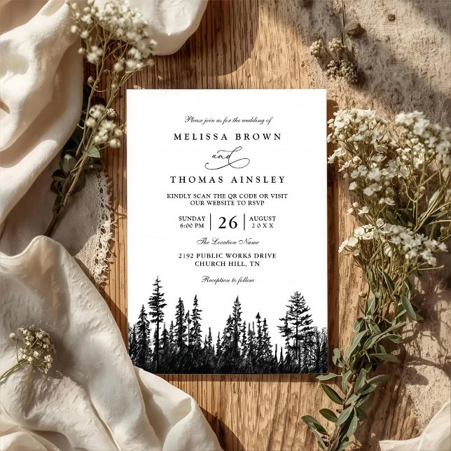 Invitation Arbres forestiers pin bois rustique code QR mariag (Créateur téléchargé)