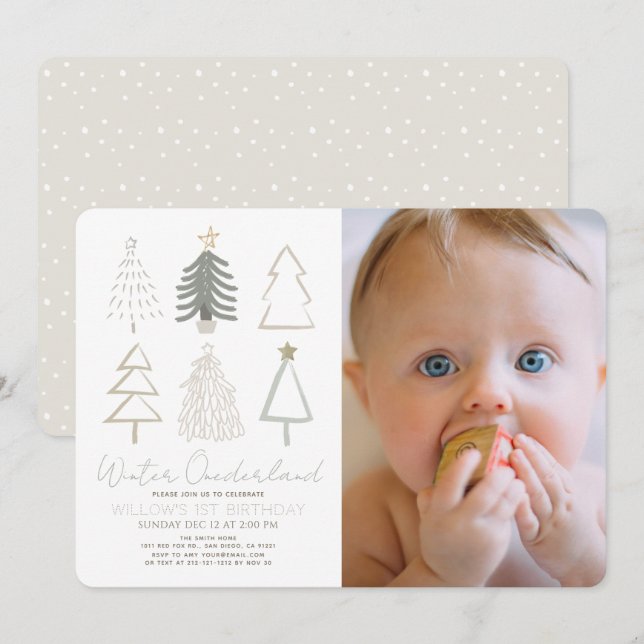Invitation Arbres Hiver Onederland 1er anniversaire Photo Inv (Devant / Derrière)