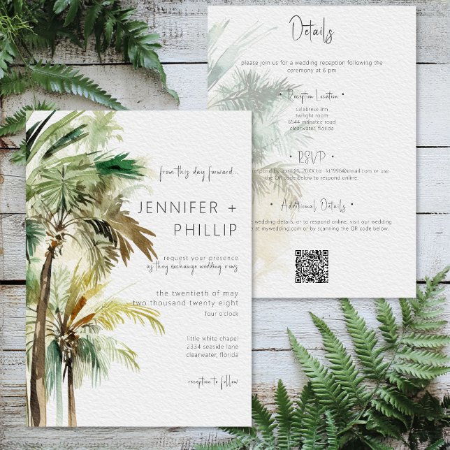 Invitation Arbres Palmiers Tropicaux Mariage Moderne Recto-Ve (Tropical Palm Trees Modern Wedding Two Sided Invitation)