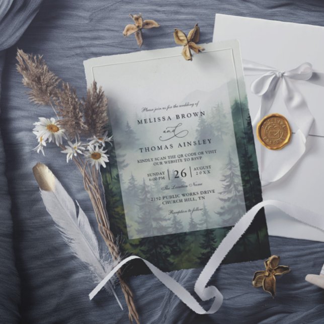 Invitation Arbres Pin Forêt Rustique Élégant Code QR Mariage (Créateur téléchargé)