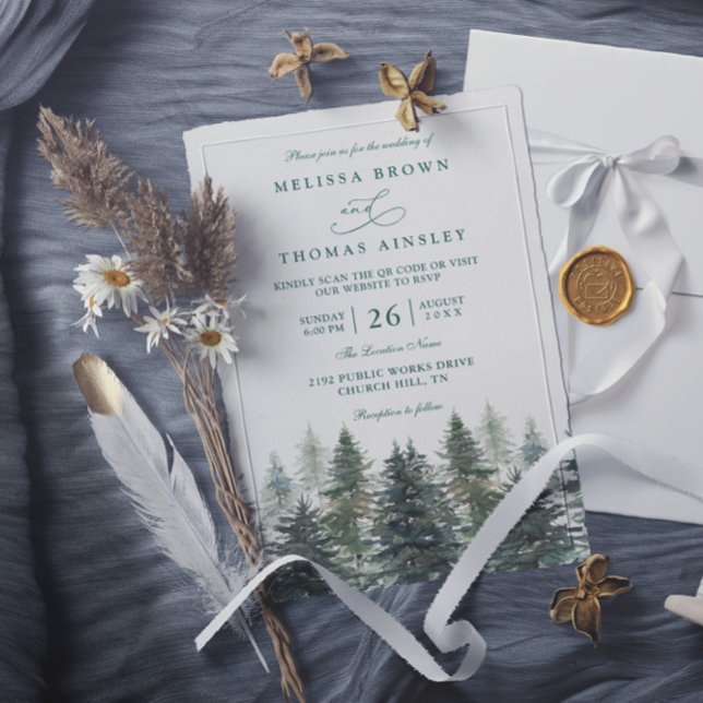 Invitation Arbres Pin Forêt Rustique Élégant Code QR Mariage (Créateur téléchargé)
