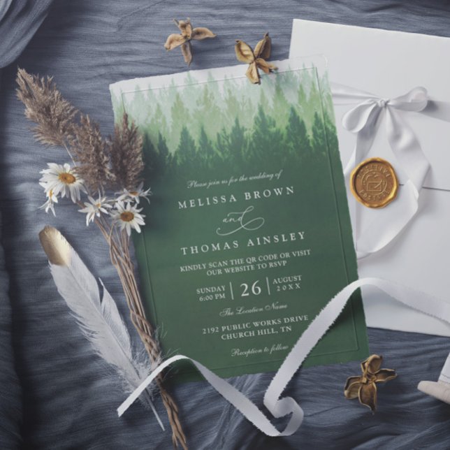 Invitation Arbres rustiques Forêt de pins  Mariage élégant QR (Créateur téléchargé)