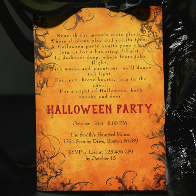 Invitation Arbres sombres Orange Poème Halloween Party (Créateur téléchargé)