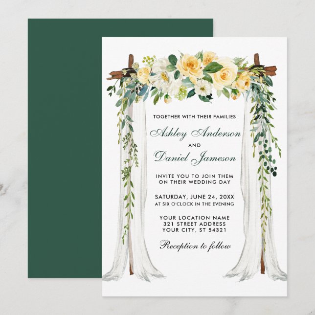 Invitation Arc à canopée mariage Aquarelle Jaune Floral Vert (Devant / Derrière)