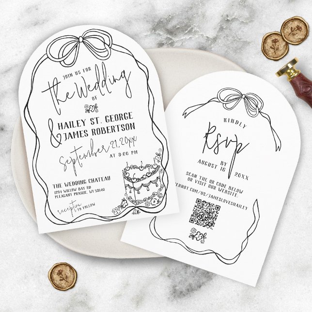 Invitation Arc à main moderne dessiné de manière fantaisiste  (Retro modern arch hand drawn black and white coquette bow floral vintage simple  wedding invitation)