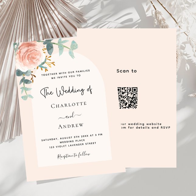 Invitation Arc à roulettes rose Floral QR RSVP mariage de lux (Créateur téléchargé)