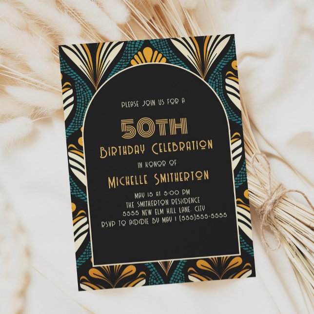 Invitation Arc Art Déco Noir Jaune Sarcelle 50e Anniversaire (Green, gold, and black art deco 50th birthday party invitation)