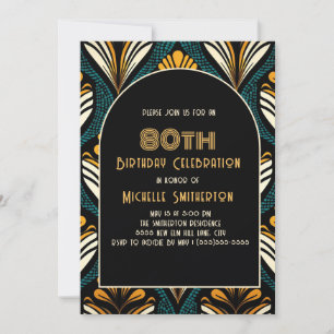Invitation Arc Art Déco Noir Jaune Sarcelle 80e Anniversaire