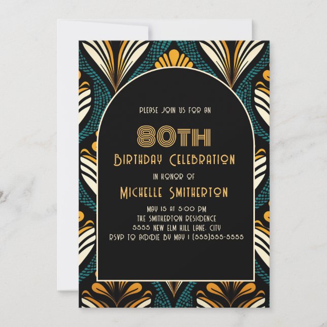 Invitation Arc Art Déco Turquoise Jaune Noir 80e anniversaire (Devant)