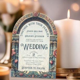 Invitation Arc Art Nouveau turquoise et rose élégant Mariage