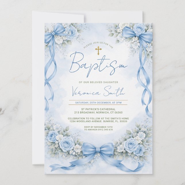 Invitation Arc baptismal floral bleu poussiéreux (Devant)