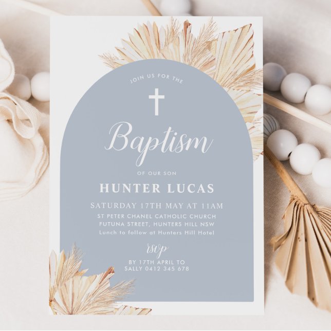 Invitation Arc bleu Boho Floral Boys Baptême Christening (Blue Boho Baptism Invitation)