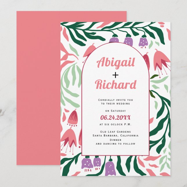 Invitation Arc Boho avec branches rétro et fleurs mariage (Devant / Derrière)