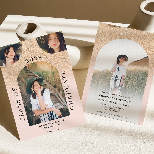 Invitation Arc boho moderne or chic rose 4 graduation photo (Créateur téléchargé)