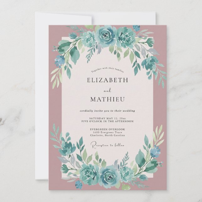 Invitation Arc botanique sarcelle Fleurir Mariage (Devant)
