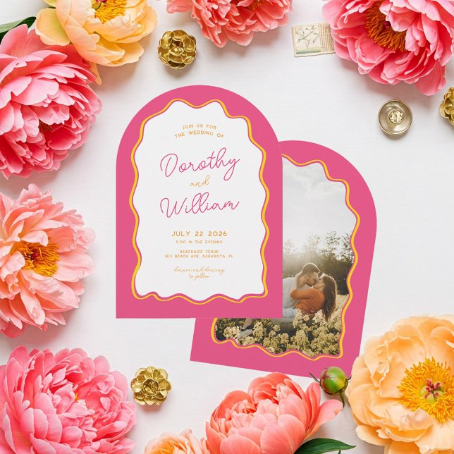 Invitation Arc brillant et coloré Mariage (Quirky and Fun Squiggly Arch Wedding Invitation in pink, orange and yellow color palette.)