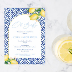 Invitation Arc Carreaux Bleus Citrons Baby shower Pour Garçon