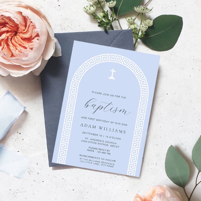 Invitation Arc Clé grecque Baptême Bleu (Baptism Invitation Greek Key Blue White )