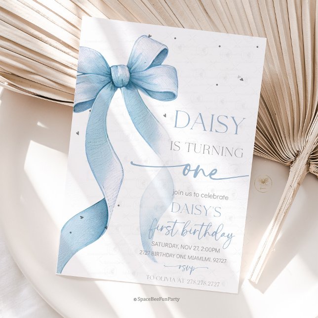 Invitation Arc Coquette Bleu 1er Anniversaire  (Bow Coquette Birthday Invitation )