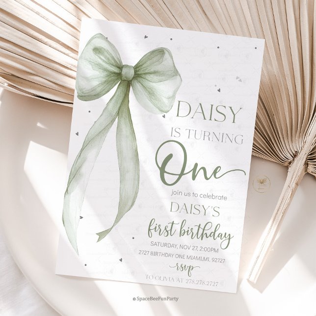 Invitation Arc Coquette Sage 1er Anniversaire  (Bow Coquette Birthday Invitation )