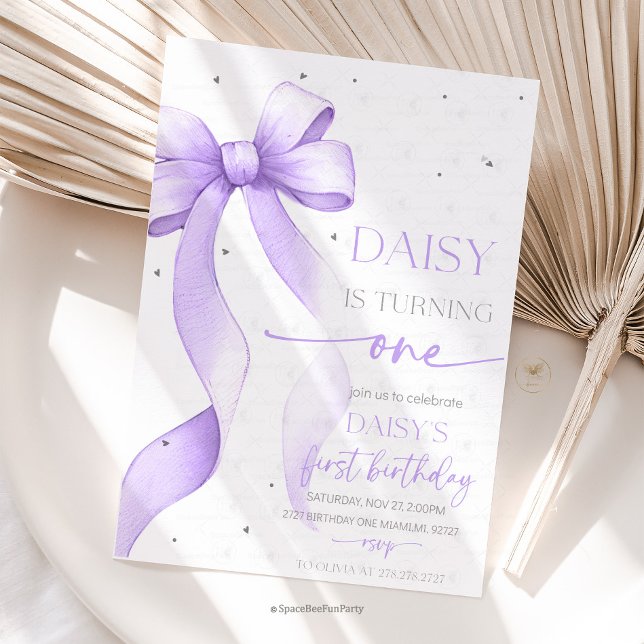 Invitation Arc Coquette Violet 1er Anniversaire  (Bow Coquette Birthday Invitation )