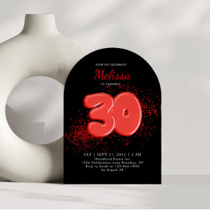 Invitation Arc d'anniversaire de la Confetti Noir rouge 30e B