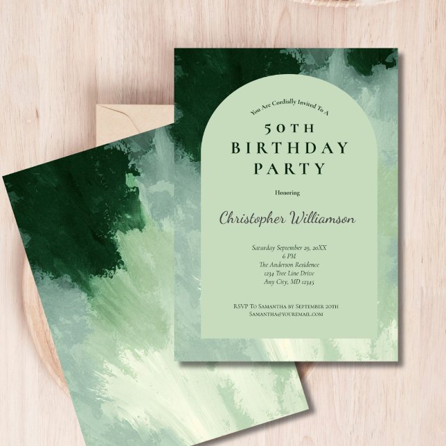 Invitation Arc d'aquarelle vert foncé et mini 50e anniversair (Dark and Light Mint Green Watercolor Modern Arch 50th Birthday party invitation for him)