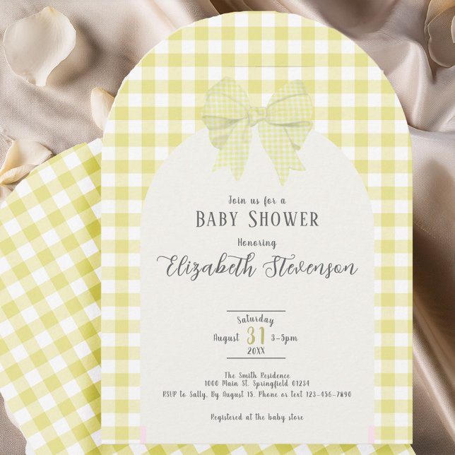 Invitation Arc de Baby Shower au Ruban Gingham Jaune Unisexe (Créateur téléchargé)