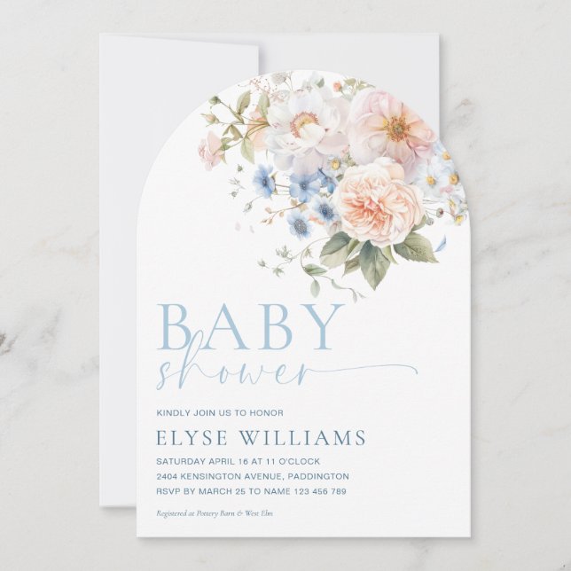 Invitation Arc de Baby shower Floral Bleu Hargrove (Devant)