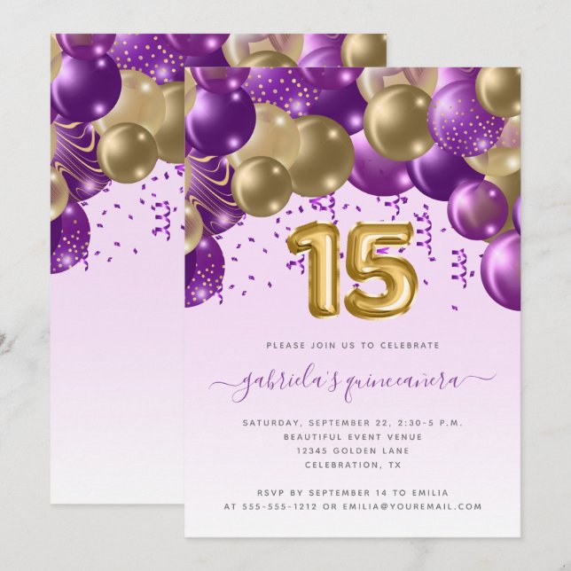 Invitation Arc de ballon violet or Quinceañera (Devant / Derrière)