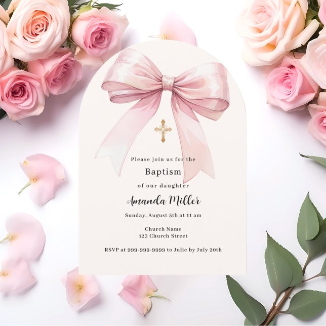Invitation Arc de baptême fille ruban rose crème (Créateur téléchargé)