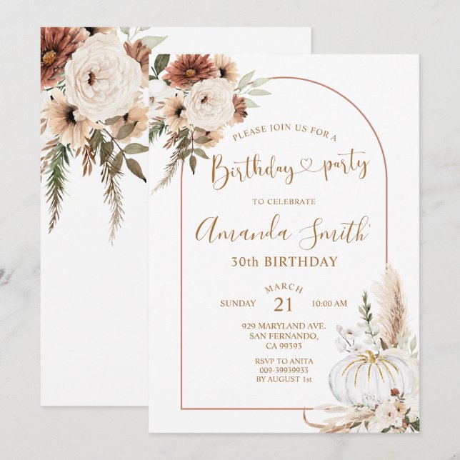 Invitation Arc de Bohème de citrouille Fête d'anniversaire 30 (Devant / Derrière)