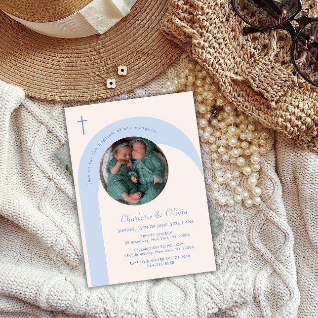 Invitation Arc de Boho bleu moderne Photo Croix Baptême (Modern Blue Beige Boho Arch Photo Cross Baptism Invitation)