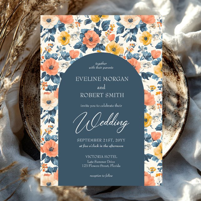 Invitation Arc de Boho pêche jaune et crème fleurs sauvages (colorful watercolor cottage wild flowers orange cream and dark blue wedding invitation)