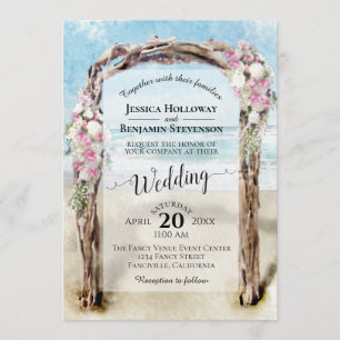 Invitation Arc de bois Driftwood Rose & White Roses Beach Mar