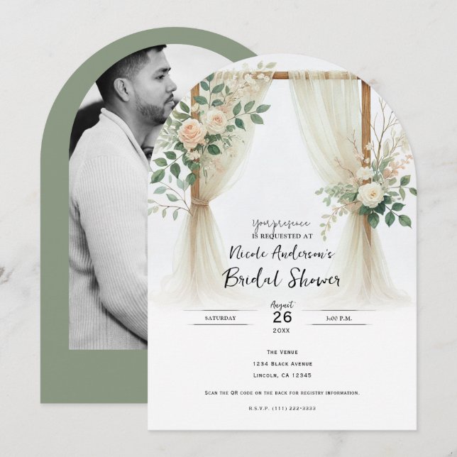 Invitation Arc de bois floral verdure roses Baby Shower (Devant / Derrière)